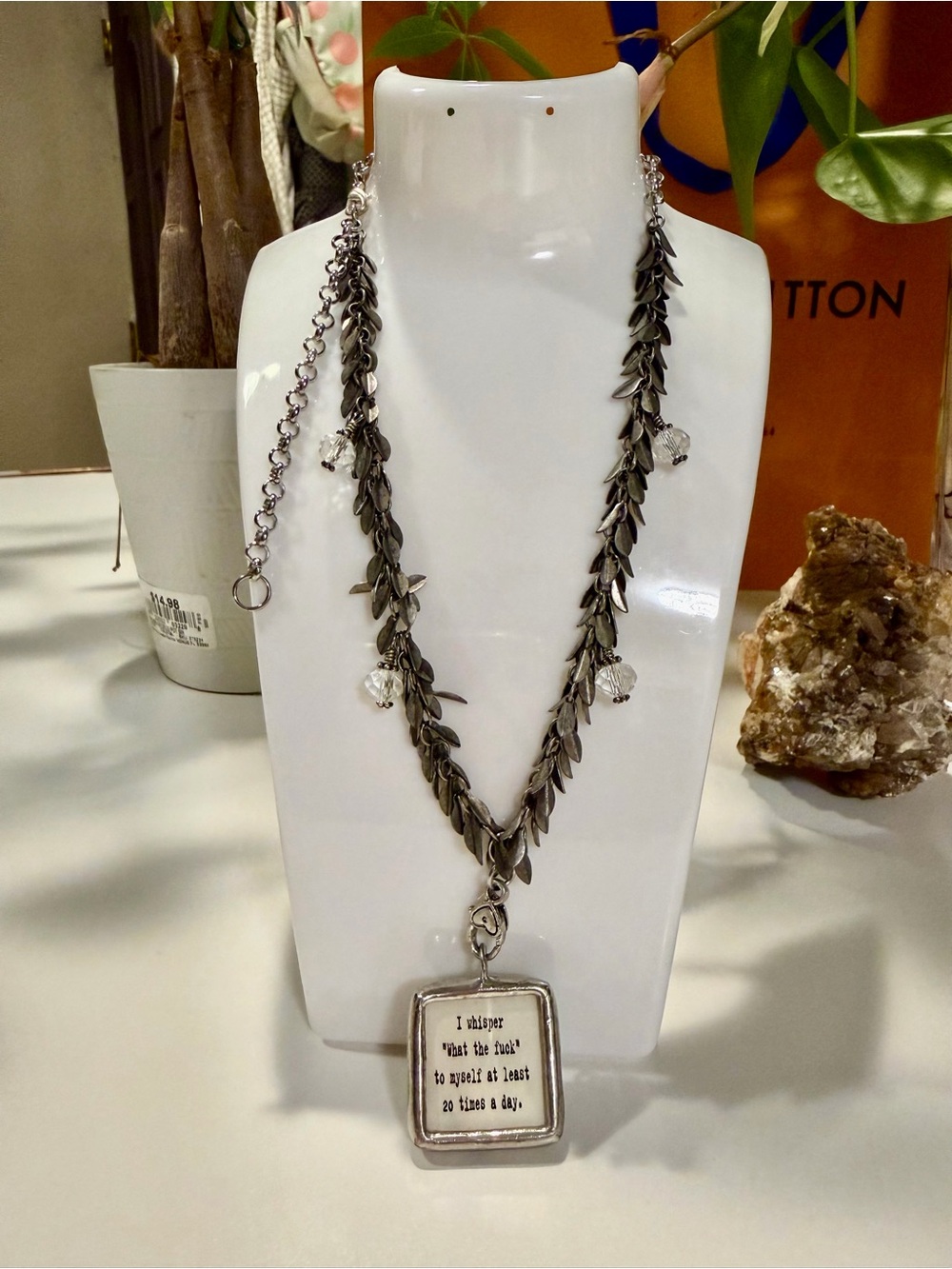 Silver Leaf Chain Necklace with Crystal Drops and Quote Pendant